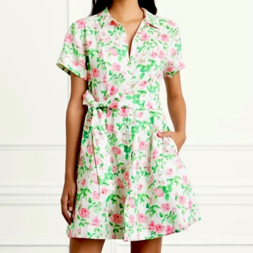 Hill House Home Laura Linen Shirt Dress in Pink Roses M 🌷🌷🌷